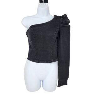 GRLFRND Ruffle Puff One Shoulder Denim Kyla Shirt In Night Song Size Small